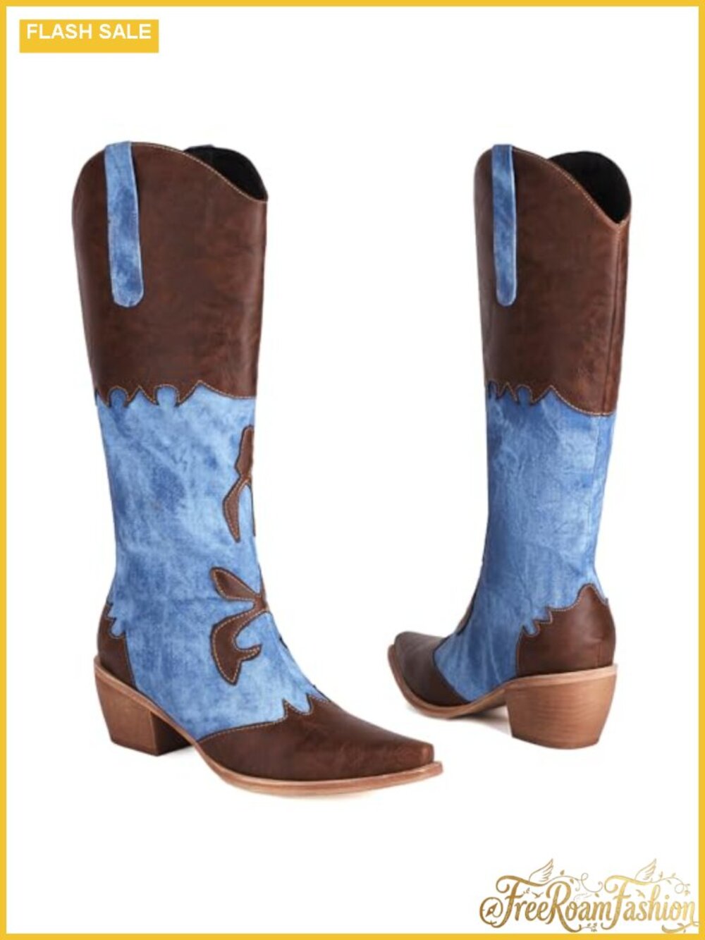 PU Leather Denim Patchwork Knee High Cowboy Boots Pointed Toe Chunky Heel Pull